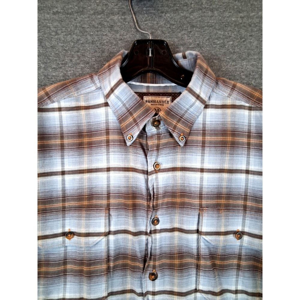 Panhandle Roughstock Mens Shirt M Brown Blue Plaid Button Down Western Rodeo